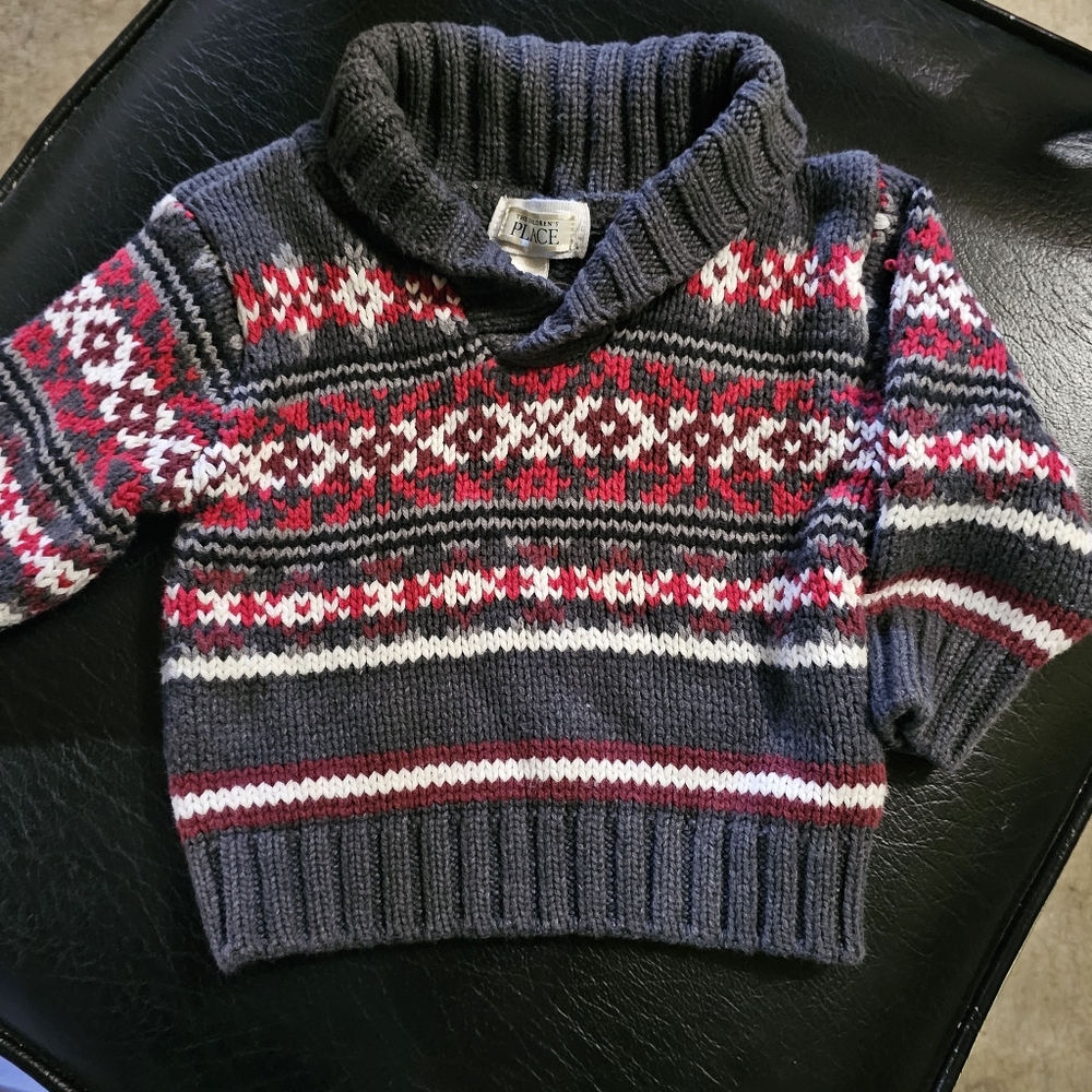 The Children's Place Fair Isle Sweater Shawl Neck‎ Snowflake Striped Knit 6-9mos